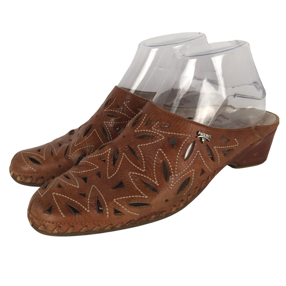 PIKOLINOS Laser Cut Floral Leather Wedge Mules Clogs Sz 38 7.5 Brown Boho Floral